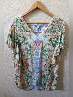 Sundance Size Medium Arabella 100% Rayon Boho Floral Ruffle Sleeve Top